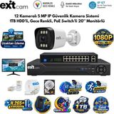 Exitcam 12 Kameralı 5 Mp Ip Poe Güvenlik Kamera Sistemi – 20 Inç Monitör, 1 Tb Hdd, 300 Metre Kablo, Sesli ve Gece Renkli - Standart