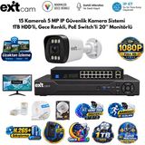 Exitcam 15 Kameralı 5 Mp Ip Poe Güvenlik Kamera Sistemi – 20 İnç Monitör, 1 Tb Hdd, 300 Metre Kablo, Sesli Ve Gece Renkli