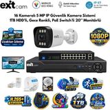 Exitcam 16 Kameralı 5 Mp Ip Poe Güvenlik Kamera Sistemi – 20 İnç Monitör, 1 Tb Hdd, 300 Metre Kablo, Sesli Ve Gece Renkli