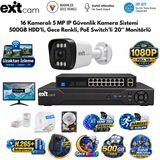Exitcam 16 Kameralı 5 Mp Ip Poe Güvenlik Kamera Sistemi – 20 İnç Monitör, 500 Gb Hdd, 300 Metre Kablo, Sesli Ve Gece Renkli
