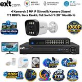 Exitcam 4 Kameralı 5 Mp Ip Poe Güvenlik Kamera Sistemi – 20 İnç Monitör, 1 Tb Hdd, 100 Metre Kablo, Sesli Ve Gece Renkli