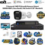 Exitcam 7 Kameralı 5 Mp Ip Poe Güvenlik Kamera Sistemi – 20 İnç Monitör, 500 Gb Hdd, 100 Metre Kablo, Sesli Ve Gece Renkli