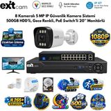 Exitcam 8 Kameralı 5 Mp Ip Poe Güvenlik Kamera Sistemi – 20 İnç Monitör, 500 Gb Hdd, 100 Metre Kablo, Sesli Ve Gece Renkli
