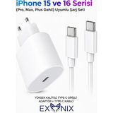 Exonix 35W (Watt) Apple Uyumlu Hızlı Şarj Adaptörü + Kablo Iphone 15 Iphone 16 Pro Max Plus Uyumlu Beyaz Hızlı Şarj Aleti Seti Type-C To Type-C