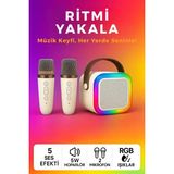 Exonix Çift Mikrofonlu Karaoke Bluetooth Hoparlör Rgb LED Işıklı 5 Efektli Ses Bombası - Bej