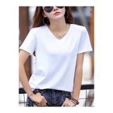 EXPECTED Kadın Beyaz V Yaka Tişört Yazlık Regular Fit Basic Baskısız Günlük Şık Salaş T-shirt