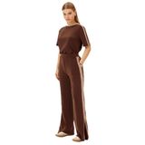 Exquise Beli Lastikli Nervürlü Modal Karışım Rahat Kalıp Örme Pantolon Kahve-Bej, M, orme-pantolon-a24k04165021, Kahve-Bej, Kadın