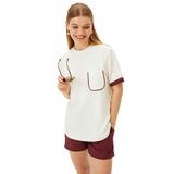 Exquise Bisiklet Yaka Cep Detaylı Çizgili Rahat Kalıp Örme Tişört, M, cizgili-orme-tisort-a24k04176026, Ekru/Bordo, Kadın