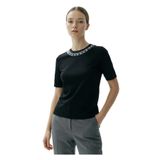 Exquise Bisiklet Yaka İşlemeli Kısa Kollu Regular Örme T-Shirt, M, E25K05173006, Siyah, Kadın