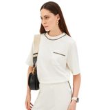 Exquise Bisiklet Yaka Şerit Detaylı Regular Örme Cepli Tişört, 2XL, regular-orme-cepli-tisort-a24k04176001, Ekru, Kadın