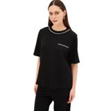 Exquise Bisiklet Yaka Şerit Detaylı Regular Örme Cepli Tişört, M, regular-orme-cepli-tisort-a24k04176001, Siyah, Kadın