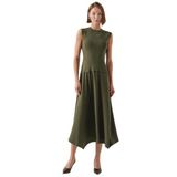 Exquise Bisiklet Yaka Triko Garnili Asimetrik Kesim Slim Fit Midi Elbise, HAKİ, 34