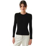 Exquise Bisiklet Yaka Uzun Kollu Düğme Detaylı Slim Fit Triko Siyah Bluz, SİYAH, S