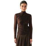 Exquise Boğazlı Drapeli Uzun Kollu Slim Fit Tül Bluz, KAHVE, M