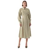 Exquise Çizgili Gömlek Yaka Uzun Kollu Slim Fit Midi Elbise, ÇOK RENKLİ, 42