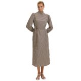 Exquise Çizgili Kuşaklı Midi Elbise, 42, E25K05118166, Kahve-Bej, Kadın