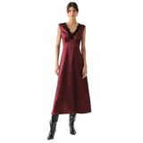 Exquise Dantel Yaka Detaylı Regular Saten Midi Vişne Elbise, VİŞNE, 42