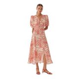 Exquise Desenli Balon Kol V Yaka Düğmeli Regular Midi Rayon Şifon Elbise, Kırmızı-Kemik, 40