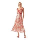 Exquise Desenli Kırmızı Biyeli Askılı Regular Midi Rayon Şifon Elbise, Kırmızı-Bej, 36