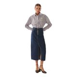 Exquise Düğme Ve Yırtmaç Detaylı Pamuklu Midi Boy Denim Etek, İndigo, 42