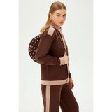 Exquise Gold Düğmeli Kontrast Şeritli Modal Kumaş Karışımlı Rahat Kalıp Örme Sweatshirt, S, karisimli-orme-sweatsirt-a24k04175029, Kahve-Bej, kadın