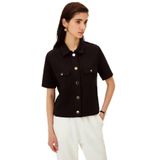 Exquise Gömlek Yaka Çıtçıtlı Düz Kesim Rahat Kalıp Örme Tişört, S, duz-kesim-orme-tisort-a24k04176012, Siyah, Kadın