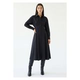 Exquise Gömlek Yaka Uzun Kollu Siyah Slim Fit Midi Elbise