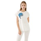Exquise İşleme Detaylı Bisiklet Yaka Tişört, 2XL, bisiklet-yaka-tisort-e24y04273010, Kemik, Kadın