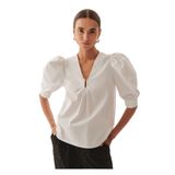 Exquise Kadın Balon Kollu V Yaka Reguler Fit Poplin Beyaz Bluz, Beyaz, 36