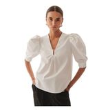 Exquise Kadın Balon Kollu V Yaka Reguler Fit Poplin Beyaz Bluz, Beyaz, 40