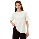 Exquise Kalpli Taş Detaylı Bisiklet Yaka Pamuklu Regular Örme Tişört, S, pamuklu-regular-orme-tisort-a24k04176017, Ekru, Kadın