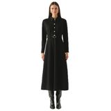 Exquise Kemerli Gömlek Yaka Cepli Slim Fit Midi Örme Elbise, SİYAH, S