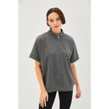 Exquise Kısa Kollu Fermuarlı Örme Rahat Kalıp Simli Sweatshirt, M, fermuarli-simli-sweatshirt-a24k04175003, Antrasit, kadın