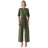 Exquise Kuşaklı Kısa Kollu Fermuar Kapamalı Örme Slim Fit Tulum, HAKİ, M