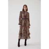 Exquise Leopar Desenli Kemerli Regular Maxi Elbise, Çok Renkli, 36