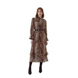 Exquise Leopar Desenli Kemerli Regular Maxi Elbise, Çok Renkli, 38