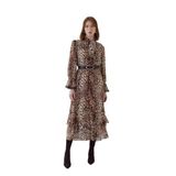 Exquise Leopar Desenli Kemerli Regular Maxi Elbise, Çok Renkli, 40