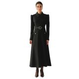 Exquise Önden Fermuarlı Kemerli Uzun Kol Slim Fit Midi Elbise, SİYAH, 36