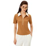 Exquise Polo Yaka Fermuarlı Pamuklu Regular Örme Tişört, XS, regular-orme-tisort-a24k04176018, Camel, Kadın
