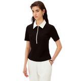 Exquise Polo Yaka Fermuarlı Pamuklu Regular Örme Tişört, XS, regular-orme-tisort-a24k04176018, Siyah, Kadın