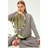 Exquise Sarı Paraşüt Kumaş Detaylı Dik Yaka Fermuarlı Örme Sweatshirt, 2XL, fermuarli-orme-sweatshirt-a24k04175032, Gri, kadın