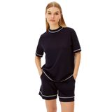 Exquise Şerit Detaylı Regular Örme Tişört, L, regular-orme-tisort-a24k04176027, Lacivert, Kadın