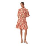 Exquise Soyut Desenli Tokalı Kemer Detaylı Pamuklu Gömlek Yaka Regular Elbise, Kırmızı-Kemik, 36