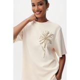 Exquise Taş İşlemeli Bisiklet Yaka Kısa Kollu Regular T-Shirt, S, E25K05173009, Krem, Kadın