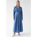 Exquise Uzun Kollu Bele Oturan V Yaka Slim Fit Keten Midi Elbise