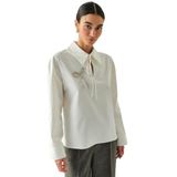 Exquise Uzun Kollu Fiyonk İşlemeli Gömlek Yaka Oversize Bluz, KEMİK, 36