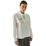 Exquise Uzun Kollu Fiyonk İşlemeli Gömlek Yaka Oversize Bluz, KEMİK, 38