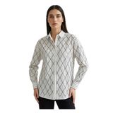 Exquise Uzun Kollu Geometrik İşleme Detaylı Regular Dokuma Gömlek, 36, E25K05108035, Siyah-Beyaz, Kadın