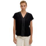 Exquise V Yaka Kısa Kollu Rahat Kalıp Örme Tişört, M, regular-orme-tisort-a24k04176021, Siyah, Kadın