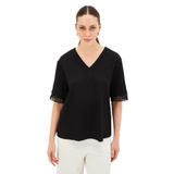 Exquise V Yaka Kolları Dantelli Rahat Kalıp Örme Tişört, M, dantelli-regular-tisort-a24k04176009, Siyah, Kadın